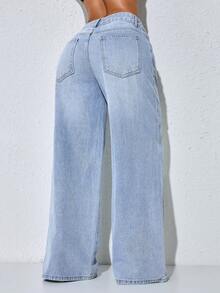 Quần jeans nữ ống rộng cạp thấp màu xanh dương rách nhẹ, túi xéo, gấu cong, kiểu dáng thường ngày, thích hợp cho mùa xuân. - Màu xanh lam - Xem 2