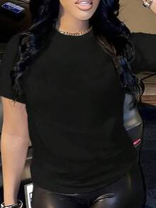 Camiseta de manga corta con cuello redondo y colores sólidos para mujer, cómodas camisetas casuales para todas las estaciones - Negro - Ver 2