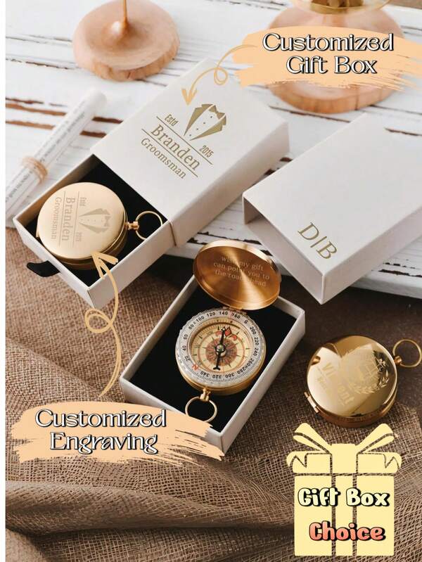 Personalized Engraved Compass With Custom Name, Best Man Proposal Gift, Groomsmen Wedding Favor, Customizable Compass With Optional Engraved Wooden Gift Box, Perfect Keepsake For Groom, Anniversary, Graduation, Or Travel Lover
