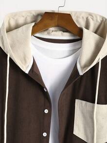 2 piezas/Set Chaqueta con capucha de tela de pana para hombres, botones de color contrastante, cordón, diseño de bolsillos en diagonal, casual, de moda, estilo escolar, adecuado para uso diario, ir y venir, todo a juego, primavera, otoño, invierno