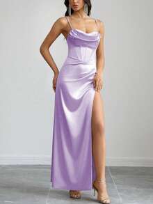 Women's Elegant Light Purple Satin Spaghetti Strap Ruched Decor Back Tie Open Slit Dress, Suitable For Banquet, Party, Wedding Bridesmaid - Màu tím hoa cà - Xem 3
