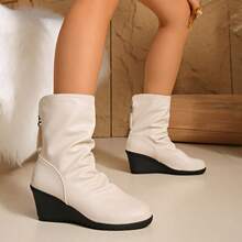 女式中筒靴，平底坡跟，时尚舒适，秋冬 - 白色 - 查看 3
