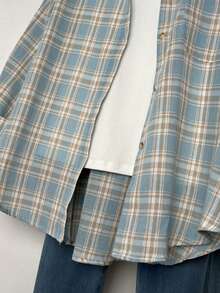 YUXIN 复古蓝色格子长袖时尚宽松女士衬衫，独特设计，秋季