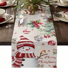1pc Cute Christmas Snowman & Flower Tabletop Flag, Red Ball Winter, Red Bird Tablecloth Scarf Dining Table Party Home Decor Christmas Decoration - Multicolor - View 2