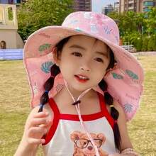 Kids Bucket Hat Children's Sun Protection Beach Visor Hat With Large Brim 3 To 8 Years Old UV50+ Sun Protection - Rosa-Coelho e Folha - 查看 2