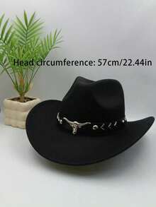 1.男士帽子黑色礼帽，中性复古风格帽子，公牛形装饰，适合日常休闲装，西部牛仔派对，酒吧休闲装，休闲聚酯纤维（涤纶） - 彩色 - 查看 3