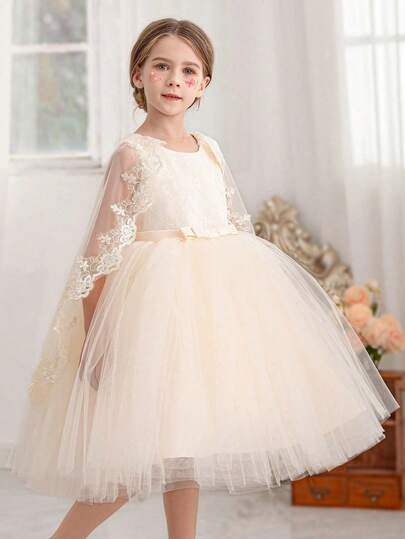 Champagne Lace Patchwork Tulle Cape Elegant Princess Dress, Suitable For Girls' Birthday Party, Banquet, Prom, Flower Girl, Bridesmaid Wedding, Holiday Celebration, Graduation
