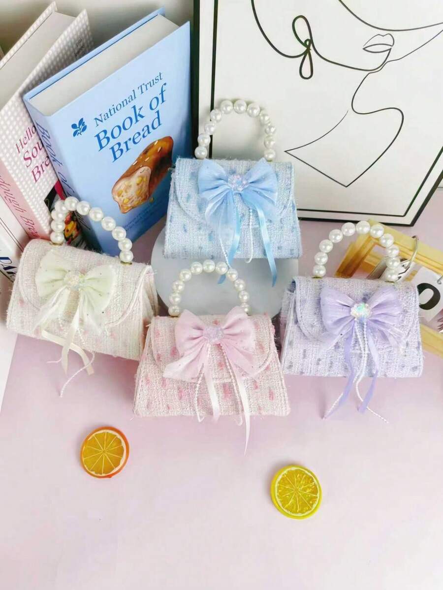 1pc Mini New Girls' Pearl Handbag, Cute Flap Magnetic Closure, Bow & Mesh Decor, Adjustable Shoulder Strap Shoulder/Crossbody/Coin Purse, Suitable For Birthday Gift, Back To School Gift, Holiday Gift, Outdoor Activities - S - View 1
