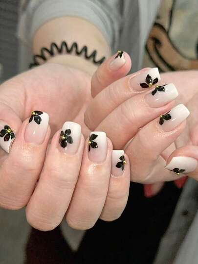 32pcs Medium-Long Square Press-On Nails, Classic French Camellia Elegant Manicure Set, Includes Jelly Gel And Nail File, Suitable For Girls & Women For Daily, Party, Date Wear