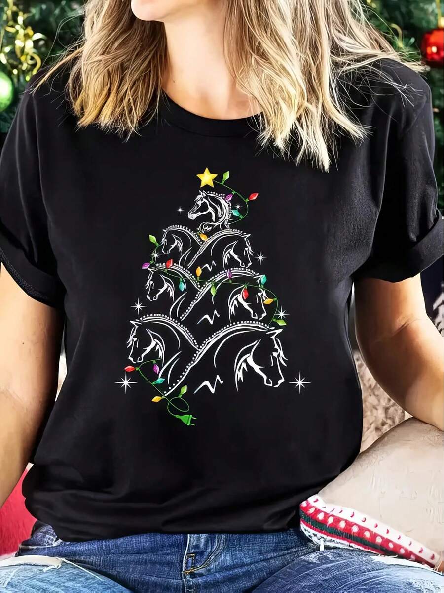 Camiseta informal estampada para mujer de talla grande, manga corta con cuello redondo, corte holgado, tejido lavable a máquina, material de elasticidad media. - Negro - Ver 1