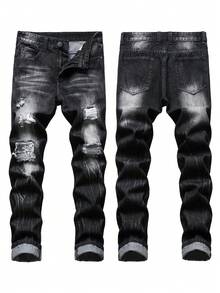 1 Pair Of Men's Jeans, Ripped Denim Street Pants, Slim Fit, Black Ripped Men's Jeans Suitable For All Seasons - Black - View 2