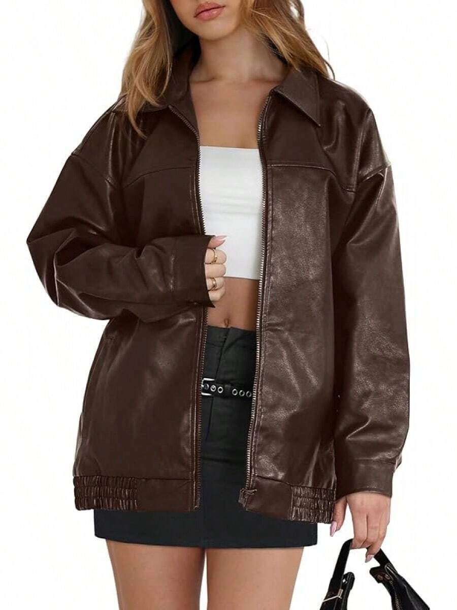 Womens Leather Jackets Faux Suede Oversized Fall Motorcycle Coats Fashion Winter Outfits Y2K Tops BPVW - 棕色 - 查看 1