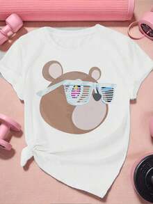 Camiseta gráfica de oso para mujer ,Camiseta informal de algodón de verano para mujer, manga corta, cuello redondo, 220 g/m2 (1 pieza) - Blanco - Ver 2