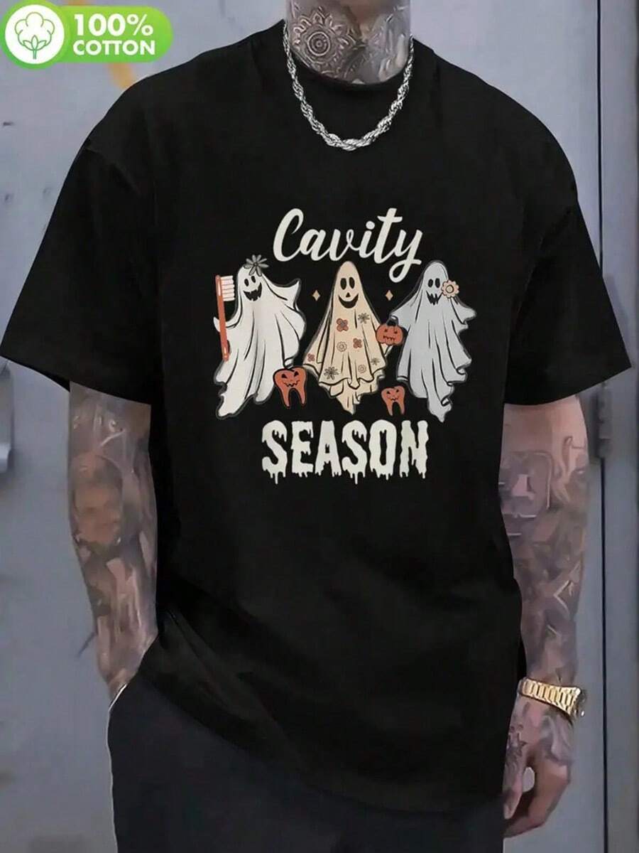 Men'S Halloween Graphic T-Shirt - Funny "Cavity Season" Slogan & Ghosts Design, 200gsm Cotton Regular Fit Casual Tee For Outdoor Activities, Hiking, Gym & Casual Wear, Hiking Shirt, Gym Apparel, Playful Design, Seasonal Graphic, Cotton Tshirt, Knit Construction, Spooky Design, Durable Shirt, Printed Shirt, Men,Nightmare Before Christmas,Christmas,Halloween Costumes,Funny T Shirts,Summer Outfits,Thanksgiving Day,Men Graphic Tees,Streetwear Men - màu đen - Xem 1