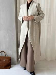 Cappotto classico a coste, cappotto oversize da donna con doppio petto in lana, con cintura, casual per autunno e inverno. - Beige - Visualizzare 6
