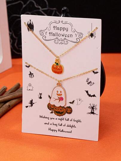 2 Pcs Enameled Halloween Pendant Necklaces Set - Holiday Jewelry Gift For Women & Girls