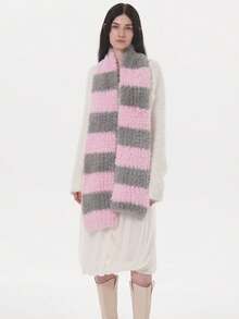 1 szt. damski, prążkowany, kontrastowy, miękki, puszysty szalik poliestrowy, codzienny, ciepły dodatek na jesień/zimę na świeżym powietrzu, codzienne zimowe szaliki damskie do dojazdów do pracy