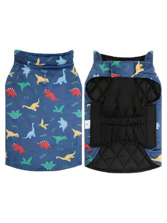1 pieza Chaqueta de plumas con estampado de dinosaurio para perros en invierno, cómoda, impermeable, a prueba de viento y cálida, reversible