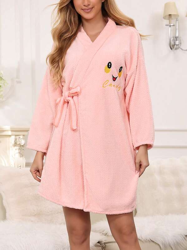 Embroidered Fluffy Bathrobe With Belt, Loose Soft Long Sleeve Pink Nightgown, Autumn/Winter Sleepwear, Cozy Outfit