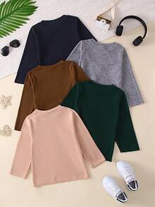 Conjunto de 5 camisetas casuais de manga comprida para meninos, cor sólida, macias e confortáveis, para atividades ao ar livre, outono/inverno - Multicolorido - Ver 2
