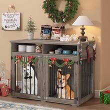 Furniture Dog Crate For 2 Dogs, 41 Inch Dog Kennel Furniture With Removable Divider And Shelf Storage, Wooden Dog Crate For Small/Medium Dogs, White/ Brown/ Gray - Grey - View 7