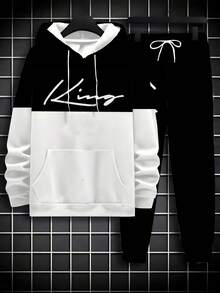 男士运动套装两件套，KING字体，黑白撞色设计，包含连帽衫和运动裤，适合运动/户外/跑步，大码男士秋季服装