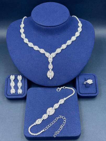 1 Set Women's Fashion Jewelry Set, Zirconia + New Cubic Zirconia Necklace, Earrings, Bracelet, Ring 4pcs Diamond Accessories Suitable For Daily Wear