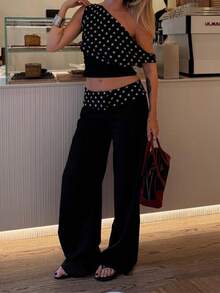 Vintage Polka Dot Print Patchwork Waistline Casual & Versatile Straight Leg Pants For Women