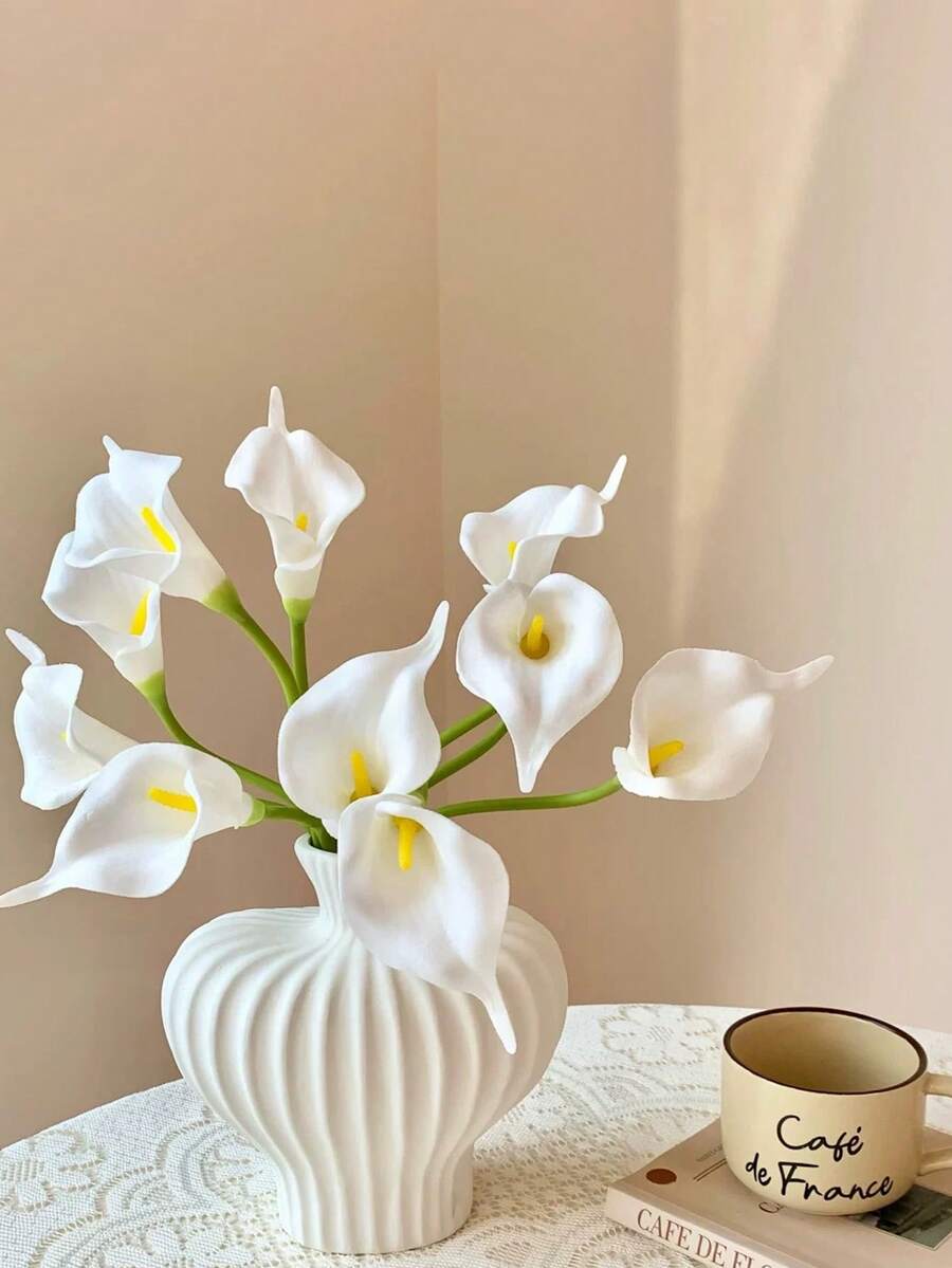 12支/6支 白色/紫色仿真马蹄莲花，PU材质，仿真花，马蹄莲花束，适用于家居婚礼装饰、室内外装饰、花园装饰、派对装饰、波西米亚风格装饰、节日派对装饰、母亲节生日庆祝日常礼物