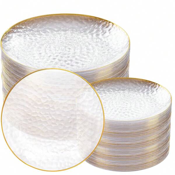10/25 piezas Platos con borde dorado ondulado transparente - Platos de cena de 7.5 pulgadas/10.25 pulgadas, ligeros, reutilizables y lavables, adecuados para reuniones al aire libre, barbacoas, comidas occidentales, fiestas familiares, actividades de equipo, bodas y fiestas