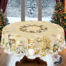 1pc Golden Christmas Tablecloth With Snowman Deer Christmas Tree Patterns, Christmas Decor 2025, Christmas Party Decoration For Home Indoor Outdoor, Luxurious Round Rectangular Table Cloth, Holiday Kitchen Festive Decor, Christmas Gifts - 金色 - 查看 7