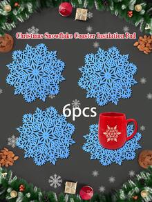 1/6pcs Christmas Snowflake Coasters, Heat Insulation Coasters For Christmas Party Table Decoration, Christmas Scene Decor Coasters, PVC Foil Snowflake Coasters