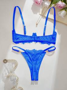 性感内衣，时尚粉色花卉蕾丝文胸内裤套装，无钢圈文胸和内裤 - 寶藍色 - 查看 2