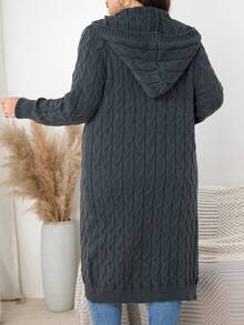 Plus Size Hooded Midi Cardigan With Cable Knit And Rib Knit Long Sleeves Open Front Non-Stretch Knitwear