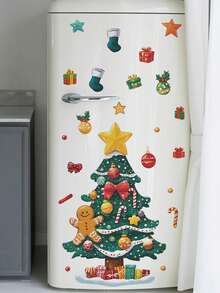 1 Set de decoraciones navideñas para el hogar, pegatinas de pared de dibujos animados de árbol de Navidad y hombre de jengibre, pegatinas decorativas para pared, para dormitorio, sala de estar, sala de juegos, decoración de pared, calcomanía de vinilo para decoraciones navideñas, artículos de decoración navideña para refrescar su hogar - Multicolor - Ver 5