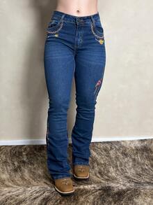 Women's Country Embroidered Feather Flare Texas Jeans - Màu xanh lam - Xem 12