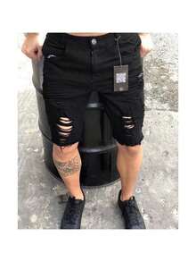 Men's White Ripped Denim Shorts - Negro - Ver 1