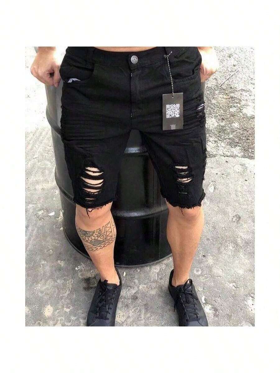 Men's White Ripped Denim Shorts - Negro - Ver 1