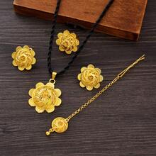 Golden Color Jewelry Set, Vintage Beautiful Jewelry For Women - Pendant Necklace, Earrings, Ring, Headchain, Hairpin, African Eritrean Bridal Wedding Luxury Accessories