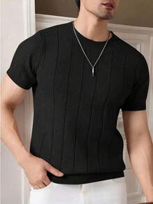 Men's Casual Crew Neck Solid Color Short Sleeve Knit T-Shirt - màu đen - Xem 1