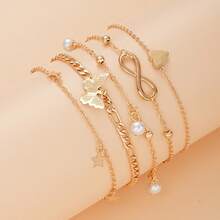 Four-Piece/Set Stackable Fine Chain Multi-Layer Pendant Anklet Set, With Butterfly Imitation Pearl Ankle Bracelet Set - Vàng - Xem 2