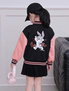 New Girls' Colorblock Jacket Coat, Young Girl' Cute Cartoon Pattern Baseball Jacket, Children's Spring/Autumn Outerwear