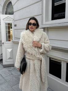 Women's Beige Large Lapel Long Fur Coat (With Belt), Winter Clothing, Old Money Outfit,A Fashionable Front-Opening Plush Large Lapel Faux Fur Coat For Winter Women's Wear,Christmas,Festival Clothing