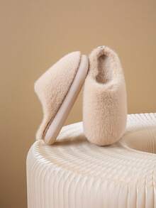 2025 Autumn/Winter New Thick Sole Solid Color Plush Warm EVA Height-Increasing Women's Indoor Slippers (Sole Color May Vary By Batch) - Beige - View 3