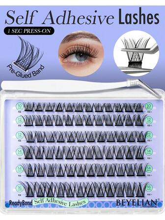 72 pezzi Ciglia D+ Curl BEYELIAN senza colla, ciglia finte senza colla necessaria, ciglia 3D (10-16mm), estensioni ciglia pre-incollate con pinzette, facili da applicare a casa (AC58)