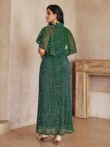 Vestido maxi elegante de talla grande para mujer con capa brillante de unicolor, manga tipo capa, decoración metálica en la cintura y abertura en el bajo, ideal para eventos de noche, fiestas de cumpleaños, invitada de boda, vestido verde de Navidad