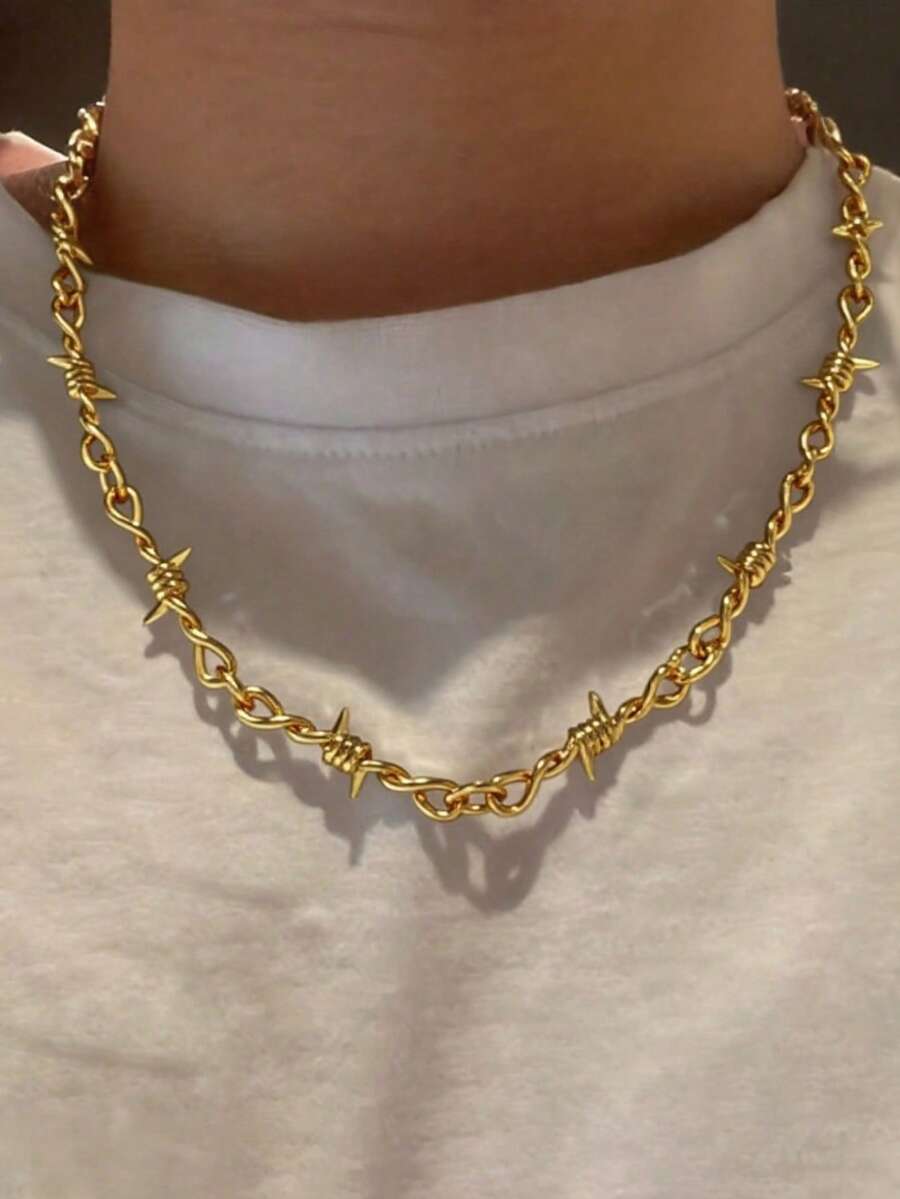 1pc Niche Retro Thorn Necklace, Thorn Clavicle Chain National Fashion Pants Chain, Hip-Hop Street Cool Punk Necklace For Men And Women - Gold - View 1