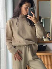 GIGOGOU 两件套秋冬女士毛衣套装休闲针织裤运动服秋季衣服 - 卡其色 - 查看 5