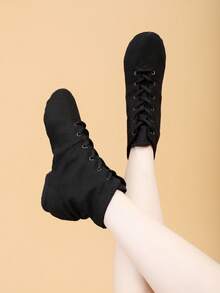 1.5cm Low Heel Soft Bottom Black Ballet Flats For Women, Lace-Up High Top Indoor Sports Shoes, Canvas Jazz Dance Shoes For Modern Dance, Salsa Dance Performance And Practice, Comfortable, Soft And Lightweight