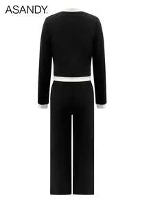 Women's Colorblock Faux Button Top And Straight Leg Pants Set - Crew Neck Long Sleeve T-Shirt, Colorblock Trim, Office Casual 2 Pieces Set - Black - View 2